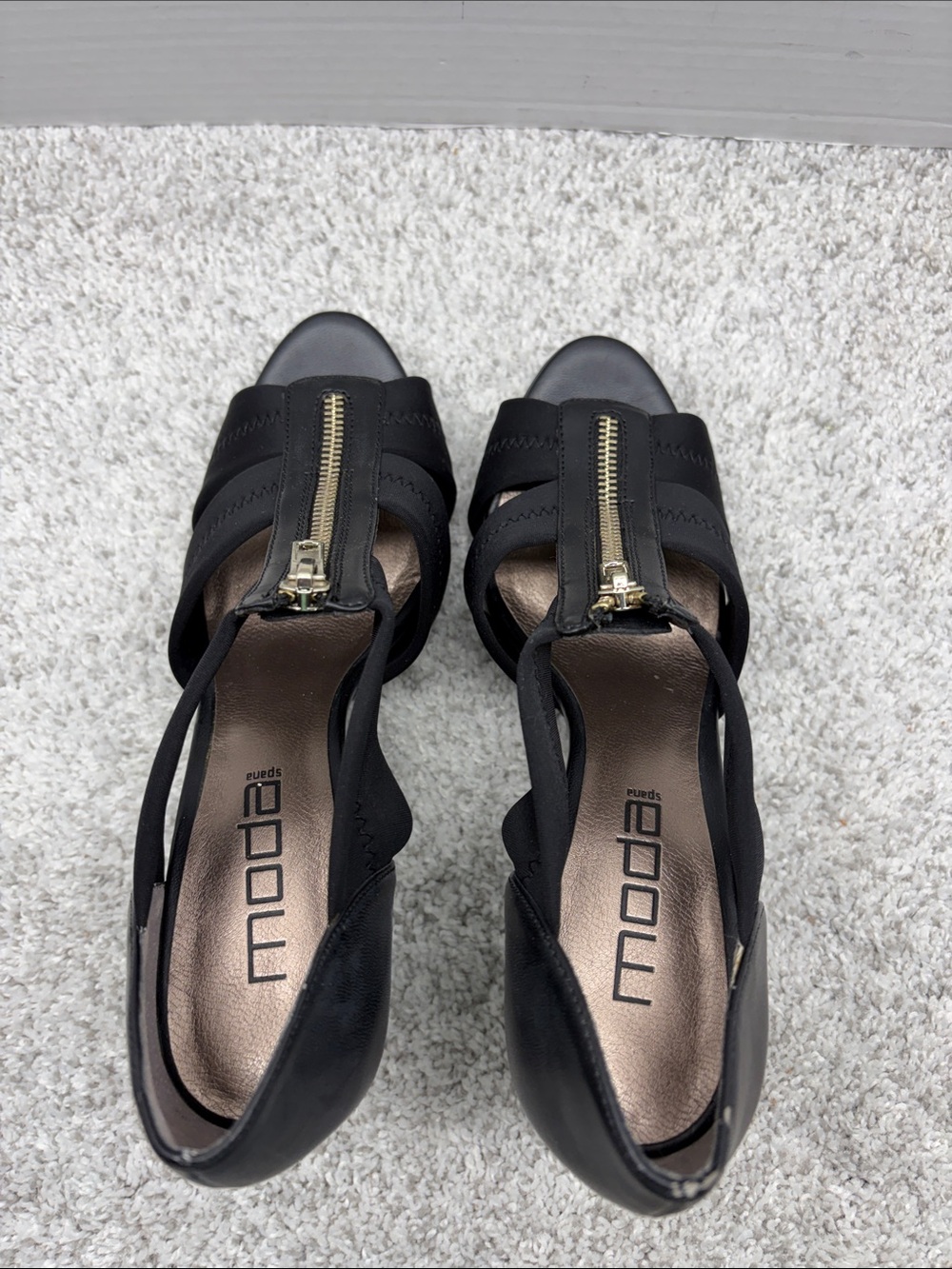 Moda Spana Black Peep-Toe Heels with Gold Center Zipper